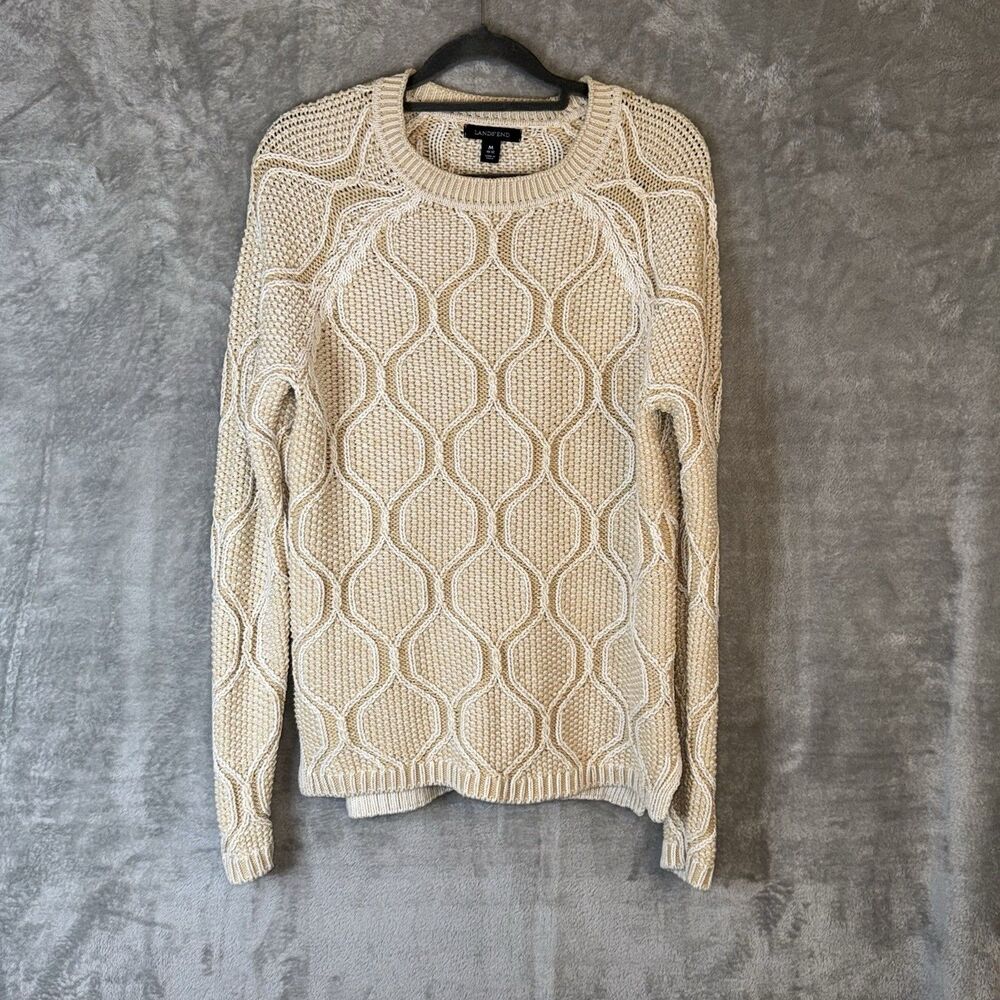 Lands’ End Beige Textured 3D Knit Sweater Women’s Med Chunky Cotton Pullover